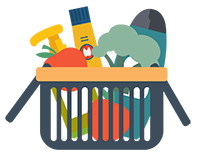 Illustration of a basket of food and health care supplies